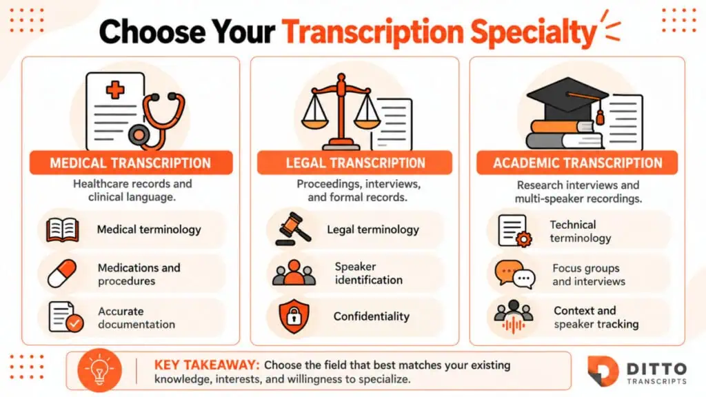 Infographic comparing three transcription specialties: medical, legal, and academic. Medical transcription focuses on healthcare terminology and clinical records, legal transcription covers proceedings and confidentiality, and academic transcription involves research interviews and multiple speakers.