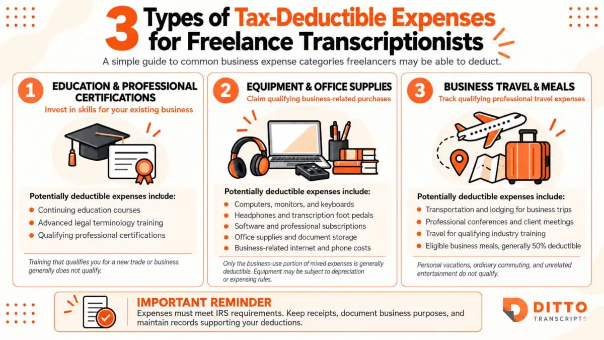 Infographic showing three types of tax-deductible expenses for freelance transcriptionists: professional education, equipment and office supplies, and business travel and meals.