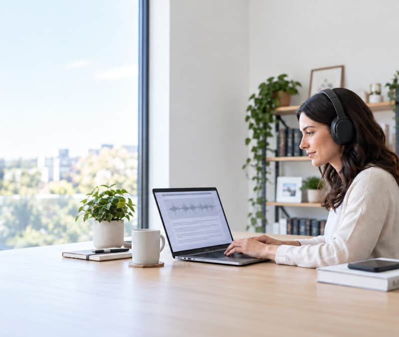 Professional transcriptionist wearing headphones and typing on a laptop with an audio waveform displayed on screen.