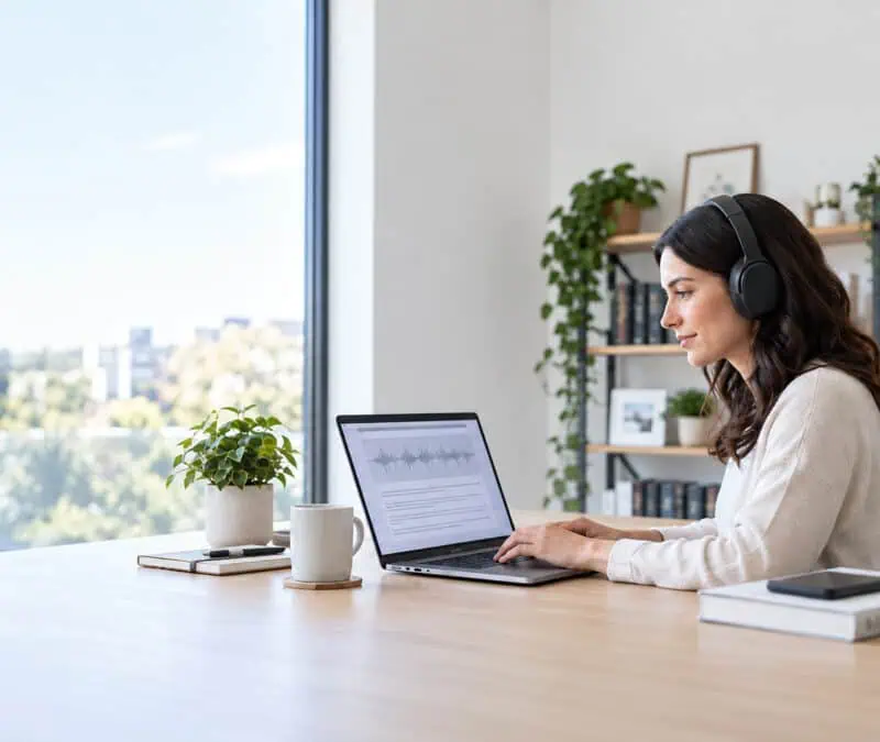 Professional transcriptionist wearing headphones and typing on a laptop with an audio waveform displayed on screen.