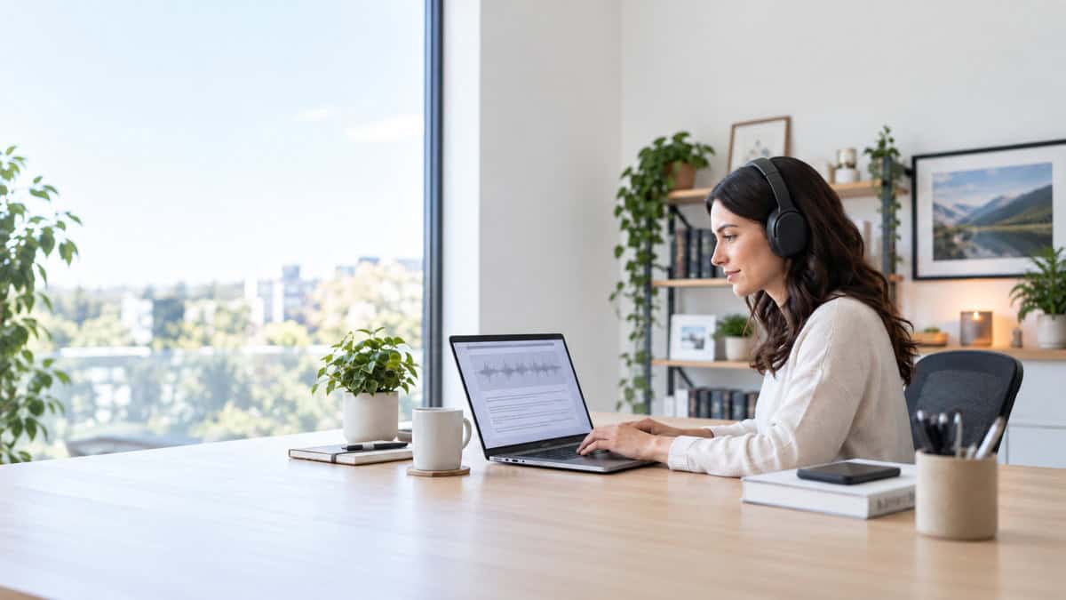 Professional transcriptionist wearing headphones and typing on a laptop with an audio waveform displayed on screen.