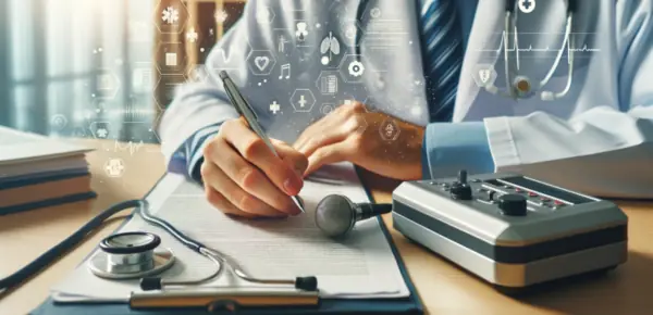 doctor writing on medical chart with a old voice recorder nearby
