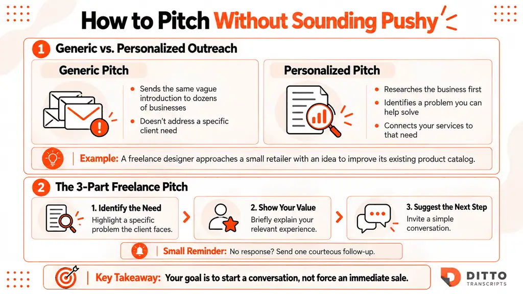 Infographic comparing generic and personalized freelance pitches and outlining three steps for effective client outreach: identify the need, show your value, and suggest the next step.