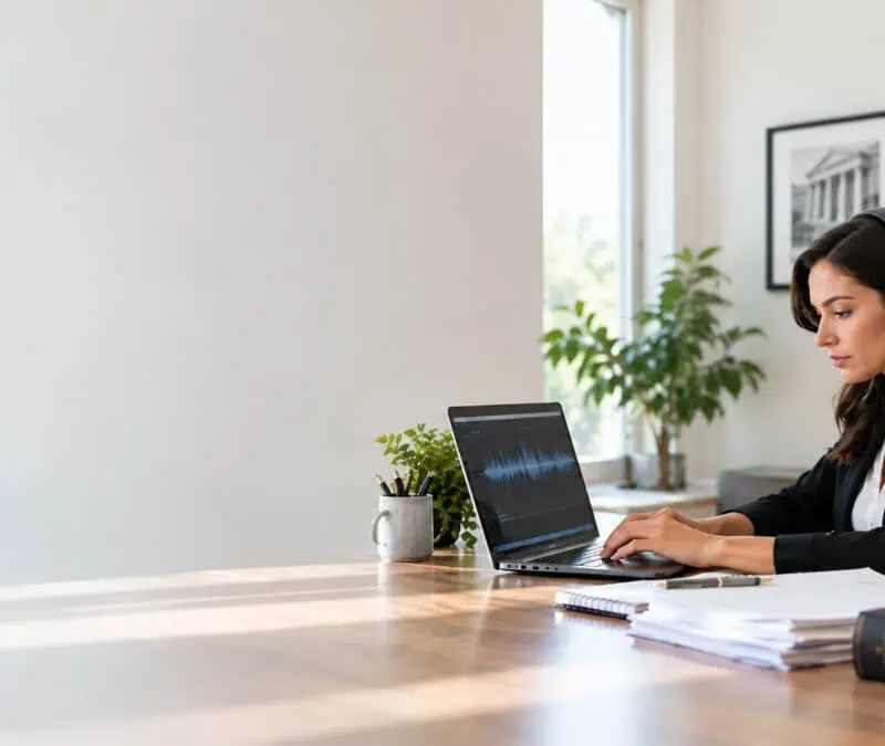 Legal transcriptionist wearing headphones and typing on a laptop displaying an audio waveform, surrounded by legal documents and law books in a professional office.