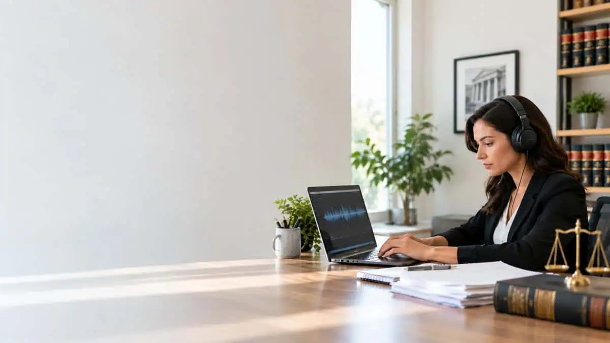 Legal transcriptionist wearing headphones and typing on a laptop displaying an audio waveform, surrounded by legal documents and law books in a professional office.
