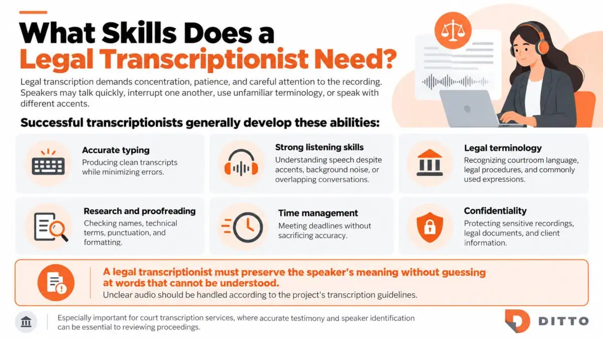 Infographic showing six essential legal transcriptionist skills: accurate typing, strong listening, legal terminology, research and proofreading, time management, and confidentiality.