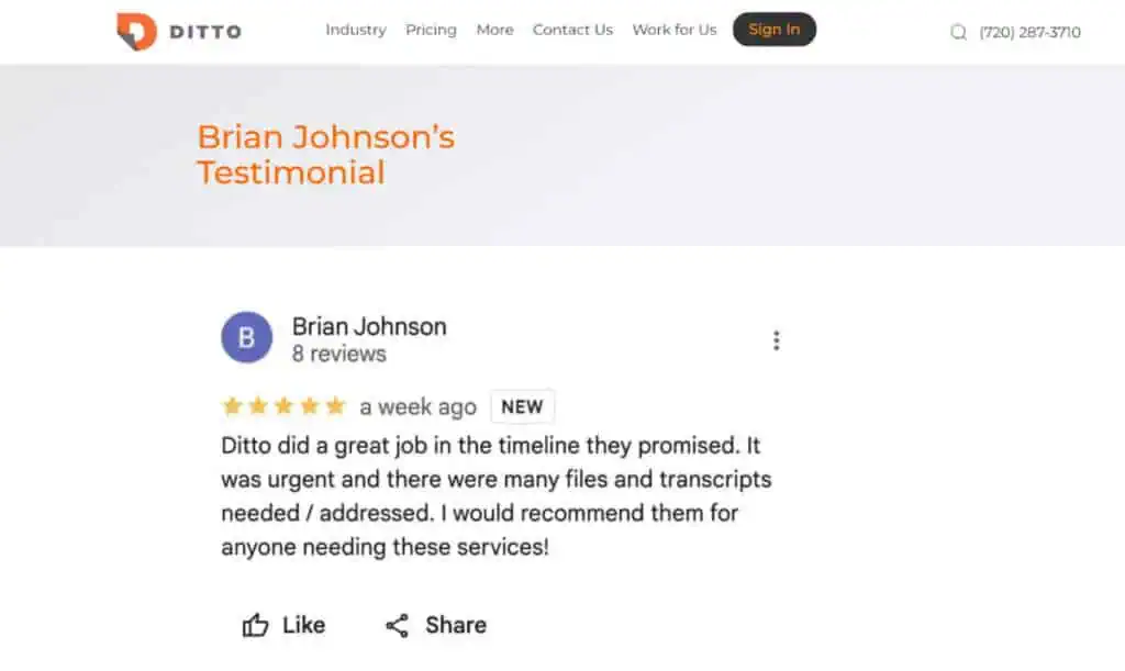 Ditto Client testimonial