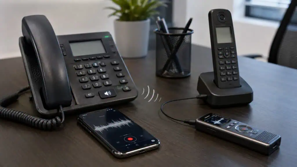 Office desk with a landline phone on speaker, a smartphone recording audio, and a digital voice recorder connected to a cordless phone base, showing different ways to record phone calls.