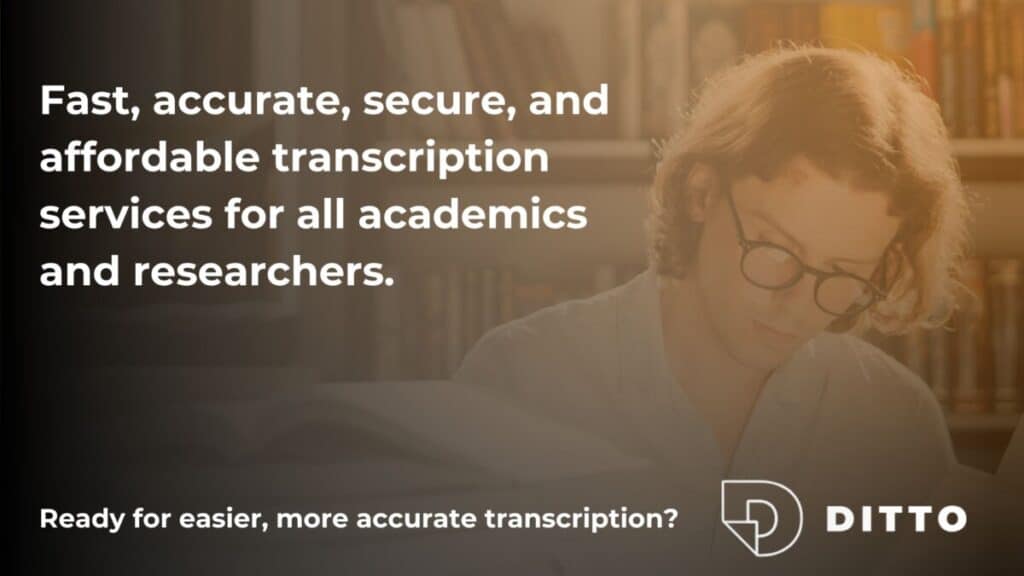 Man with glasses studying with a summary of academic transcription services in captions
