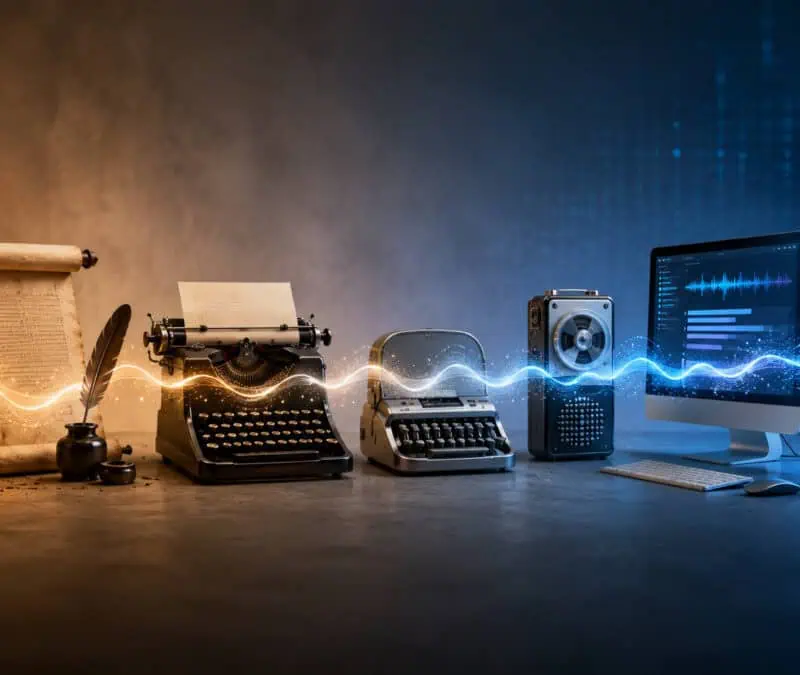 Featured image showing the evolution of transcription technology from ancient writing tools and scrolls to typewriters, audio recorders, computers, and AI-assisted transcription software.