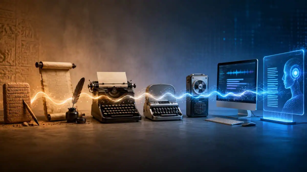 Featured image showing the evolution of transcription technology from ancient writing tools and scrolls to typewriters, audio recorders, computers, and AI-assisted transcription software.