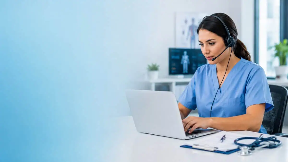 Healthcare professional in blue scrubs wearing a headset and typing on a laptop, with a soft blue gradient on the left and medical office equipment on the desk.