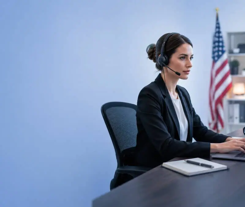 Professional transcription specialist wearing a headset and working at a computer with audio waveforms in a modern U.S.-based office setting.