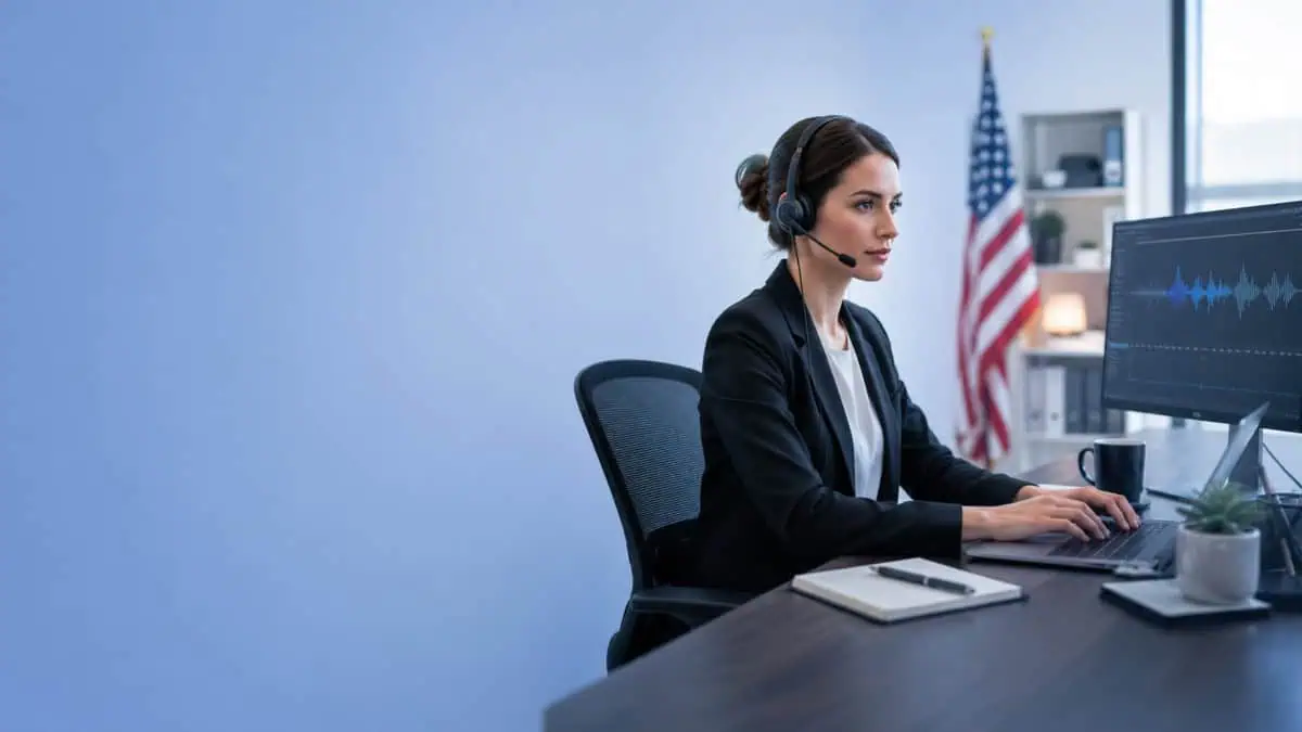 Professional transcription specialist wearing a headset and working at a computer with audio waveforms in a modern U.S.-based office setting.