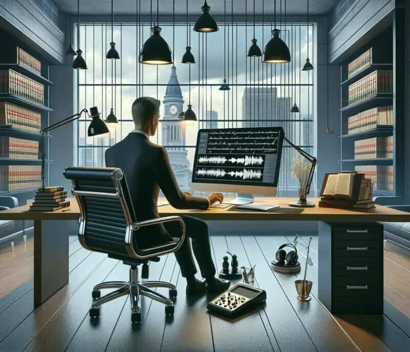 an image depicting the benefits of legal transcription in a modern office setting