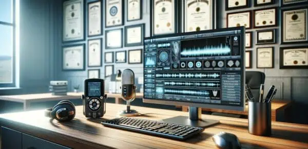 desk with computer displaying audio waves for transcription