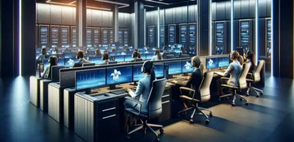 Modern office environment showcasing professional transcription services, with transcriptionists working diligently at computers, wearing headphones, in a color scheme of blue, gray, and white, symbolizing efficiency, security, and technological advancement.