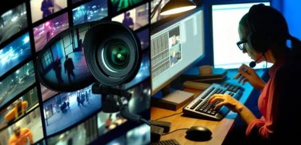 an image depicting a transcriptionist performing surveillance video recording