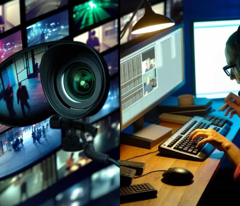 an image depicting a transcriptionist performing surveillance video recording