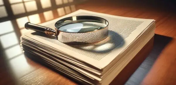 a magnifying glass on top of a book to visually explain professional proofreading services