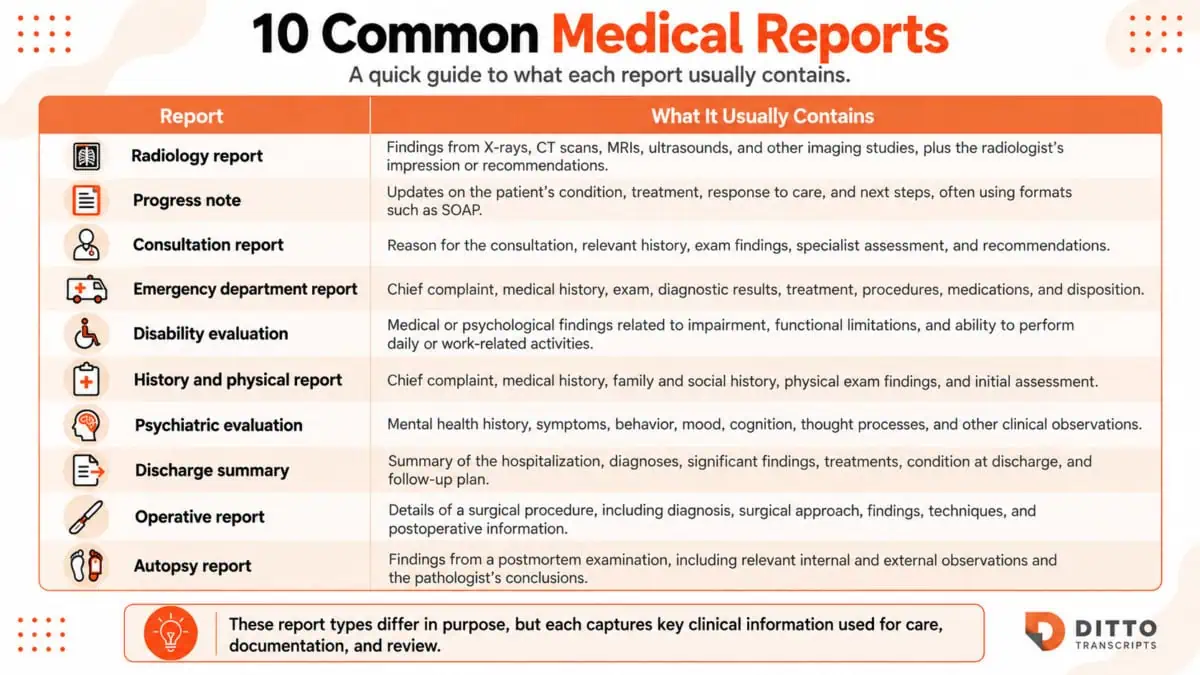 Infographic listing 10 common medical reports, including radiology reports, progress notes, consultation reports, emergency department reports, disability evaluations, history and physical reports, psychiatric evaluations, discharge summaries, operative reports, and autopsy reports.