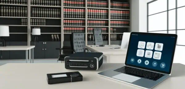 An office setting specifically designed for a lawyer, featuring various productivity tools.