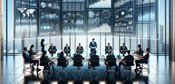 An image depicting the theme of transcription empowering strategic planning in banking