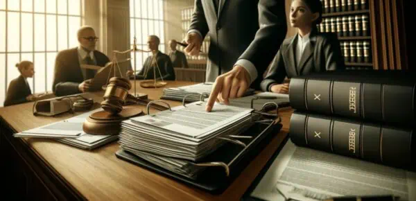 A detailed and realistic image depicting a courtroom with written records and how it can strengthen prosecution and criminal defense cases