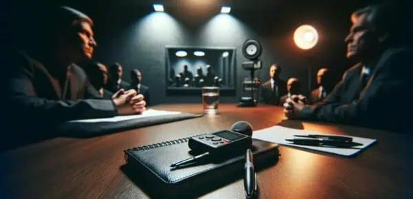 A detailed scene of an police interrogation room and a digital voice recorder on the table, with the audio to later be sent for transcription.