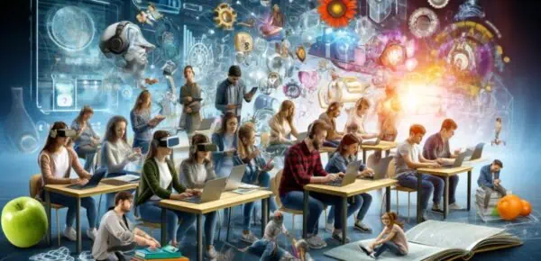 A visually captivating scene depicting online learning trends in education.