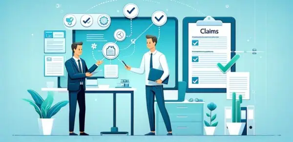 A professional, modern illustration depicting the claims process in insurance companies