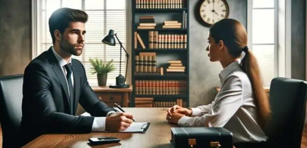A professional setting with an interviewer and a witness sitting across a table from each other