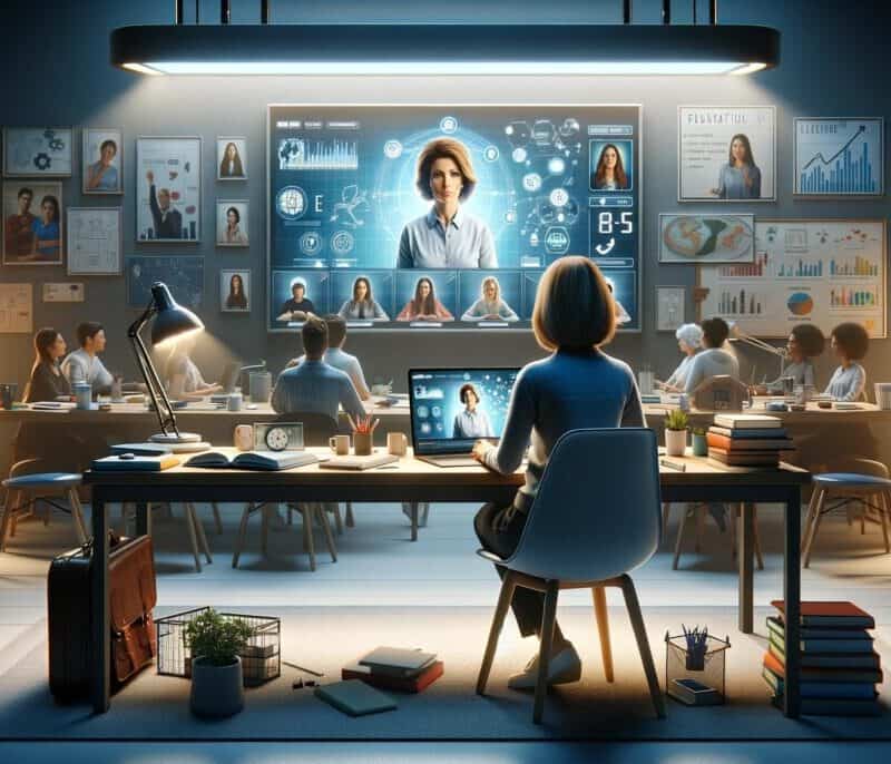 A serene and inspiring digital classroom setting, designed to represent a teacher improving online teaching
