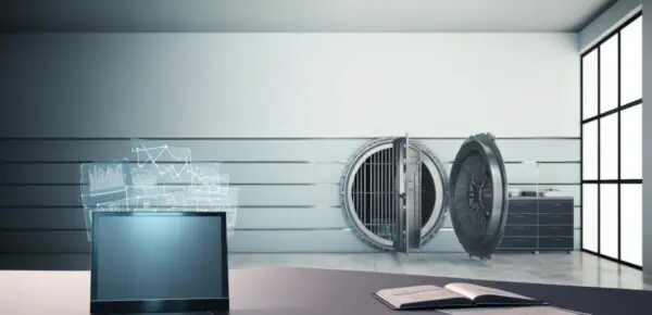 an image depicting transcription and risk management in banking for financial stability. The scene includes an elegant, modern office.