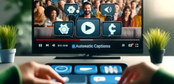 A YouTube interface on a screen with a video playing, showing captions automatically created at the bottom