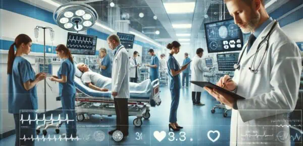 A busy ER with healthcare workers attending to patients, using advanced technology like transcription to streamline medical data