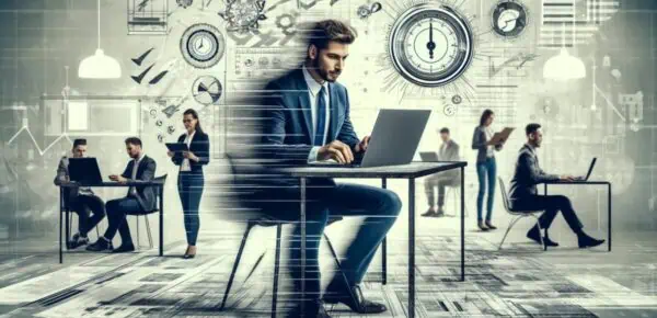 A busy modern office setting with people working at desks and computers, performing daily transcriptions.