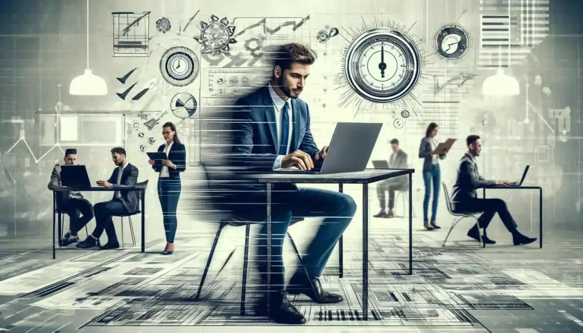 A busy modern office setting with people working at desks and computers, performing daily transcriptions.