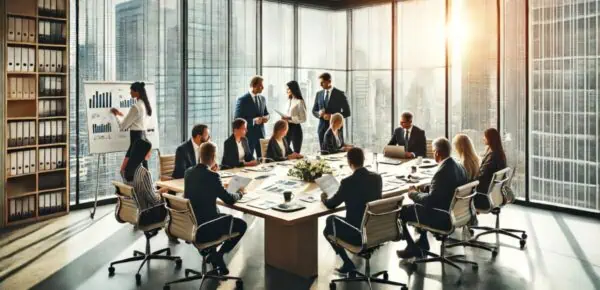 A modern law firm office with a diverse group of professionals depicting Why Good Internal Communications In Law Firms Matter