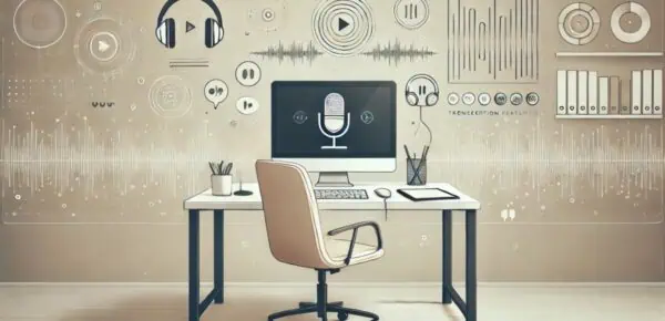 A modern office desk with a computer, headphones, and a notebook, representing transcription features.