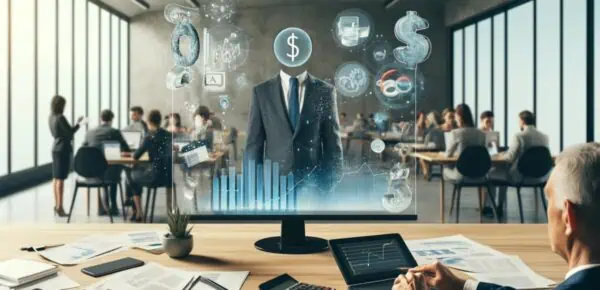 A modern office setting with a professional analyzing a chart on a large screen, representing human transcription costs