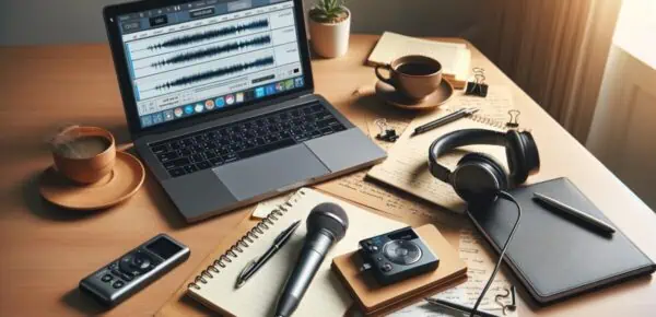 An organized workspace with a laptop open to a transcription software interface, a digital voice recorder, a notepad with notes, and a pair of headphones