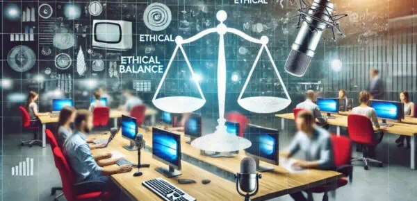an image depicting Journalists working in a modern newsroom with computers, microphones, and audio recording devices, featuring a subtle scale icon in the background representing ethics in journalism