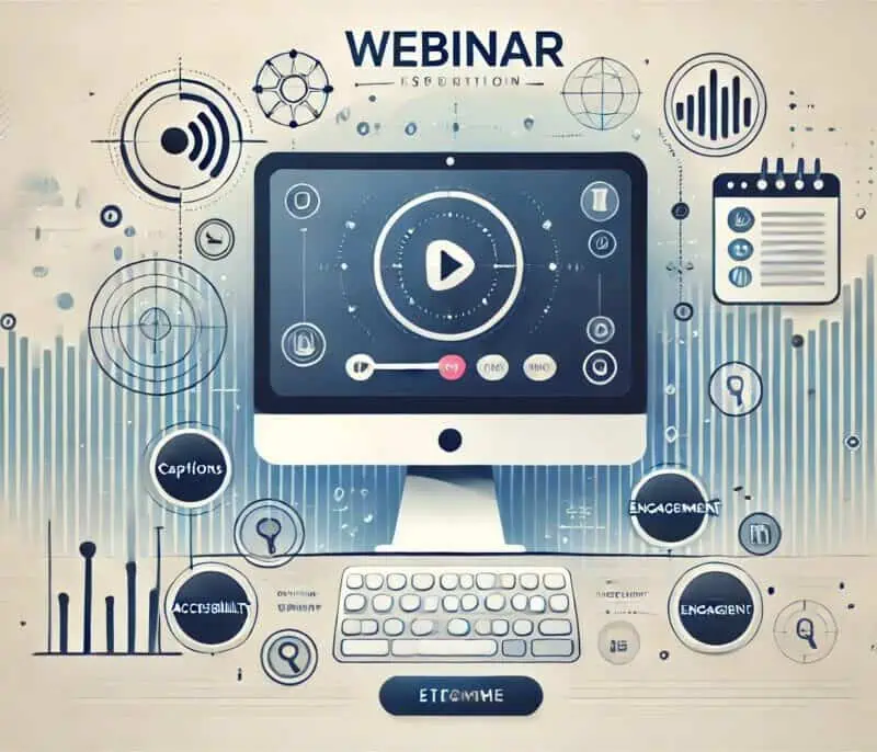 A modern and professional illustration depicting adding captioning to webinars