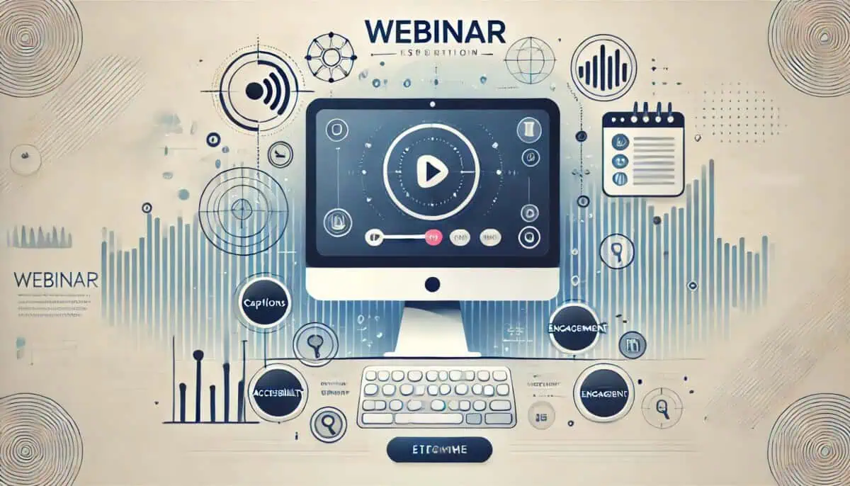 A modern and professional illustration depicting adding captioning to webinars