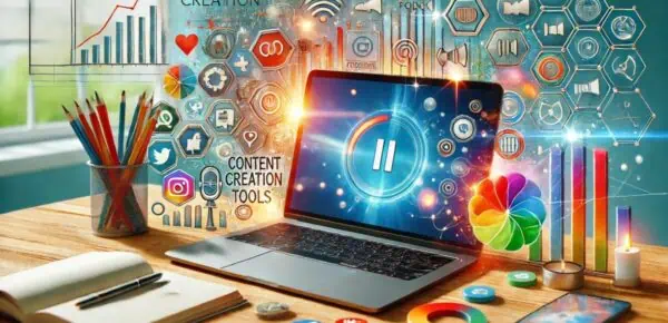 A vibrant and dynamic scene featuring various content creation tools to repurpose webinars