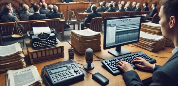 A picture depicting the challenges of legal transcription in a court setting.