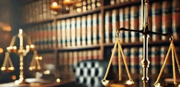 An authoritative courtroom setting featuring a wooden desk with a gavel, scales of justice depicting how to cite a court transcript.