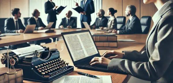 Conference room with professionals discussing documents depicting the things to Consider if you need an arbitration transcript