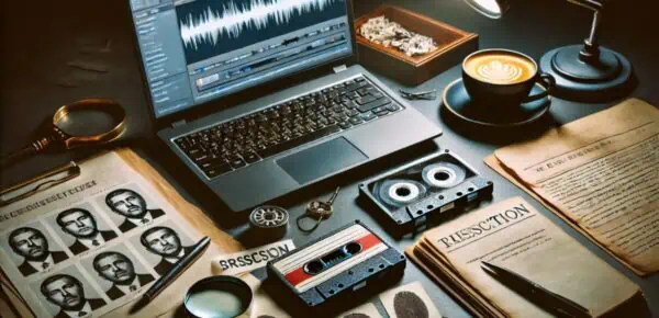 A detective's desk with crime-solving tools, including a tape recorder, a notepad, scattered case files, and a laptop showing transcription software